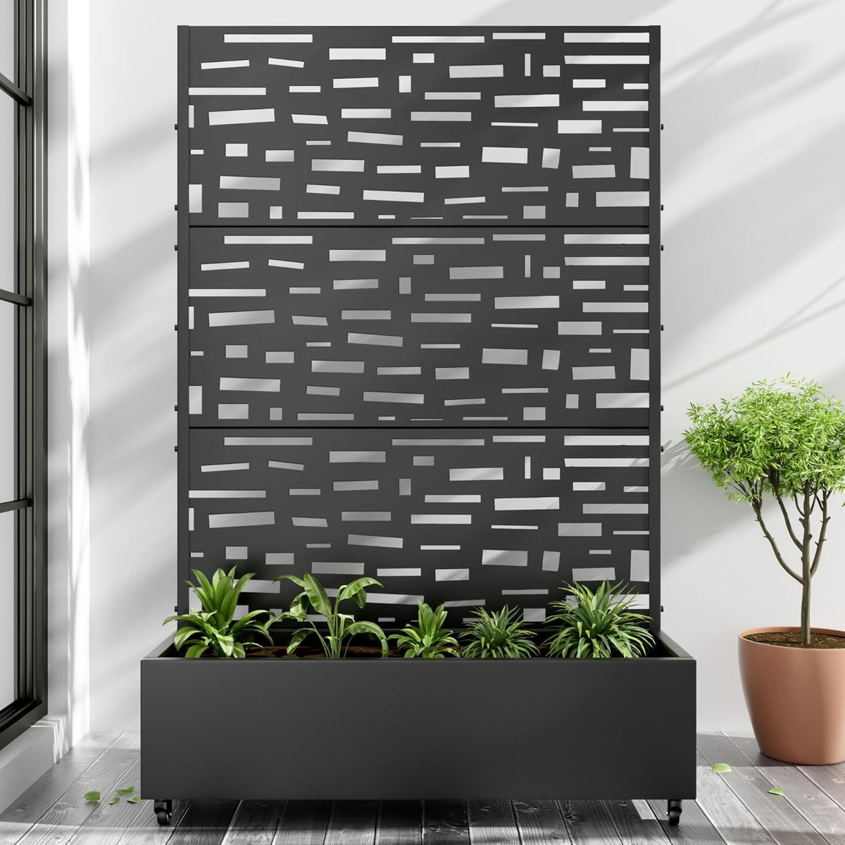 Casaphoria Metal Raised Garden Bed with Trellis and Wheels, 72"x47"x16" Planter Box for Climbing Plants, Vegetables & Vines, Features Drainage Holes and Privacy Screen (Black-Gerald)