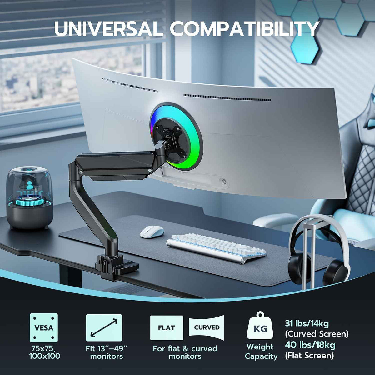 Heavy Duty Single Monitor Mount for 13"-49" Curved Screens, Black | ﻿ Gas Spring Desk Mount Stand with C Clamp/Grommet Mounting Base up to 40lbs