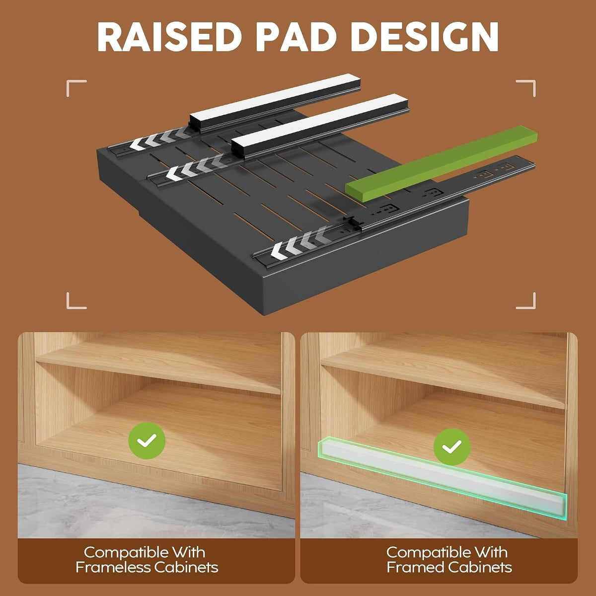 Seinloes 2Pack Expandable Pull Out Cabinet Organizer 21"Deep with Raising Pad for Framed Cabinets, Upgrade 3 Slide Rails Slide Out Drawers, Roll Out Shelves Adhesive,Adjustable Width 12.05"-20.4"Black - Field & Nook