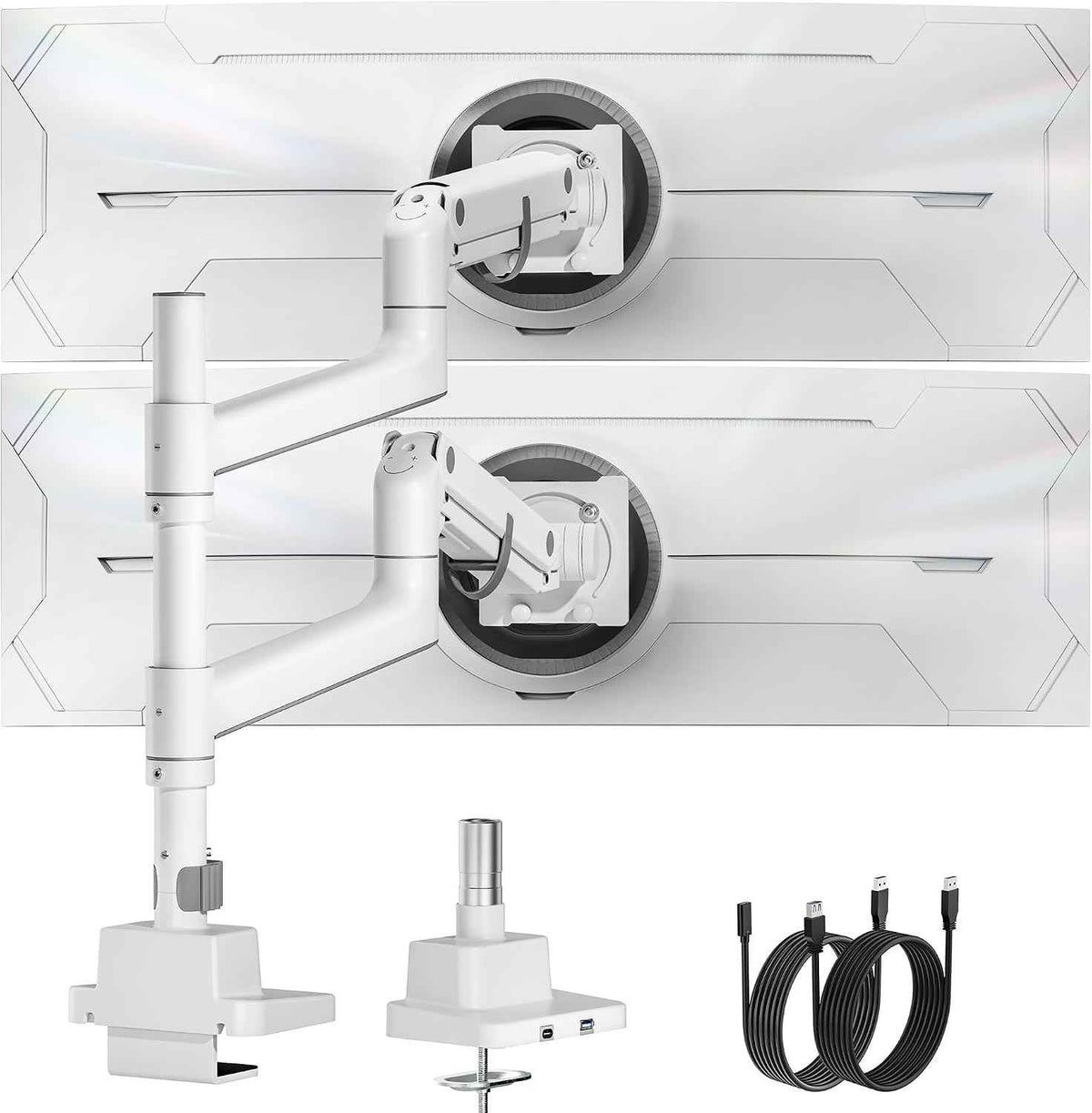 monTEK Dual Monitor Arm, Vertical Stackable 57", Heavy Duty with USB White | Vertical Stackable Gas Spring Arm For 17–57" Ultrawide Monitors,Up To 59.4 Lbs Each, 75/100 VESA Mount with USB 3.0A/C
