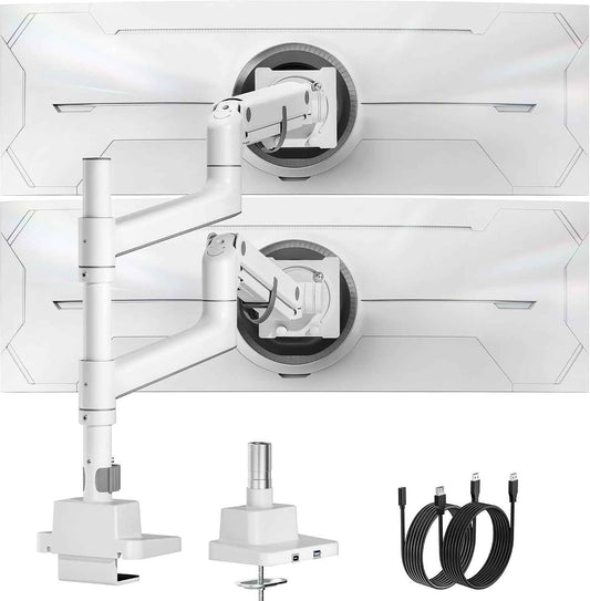 monTEK Dual Monitor Arm, Vertical Stackable 57", Heavy Duty with USB White | Vertical Stackable Gas Spring Arm For 17–57" Ultrawide Monitors,Up To 59.4 Lbs Each, 75/100 VESA Mount with USB 3.0A/C