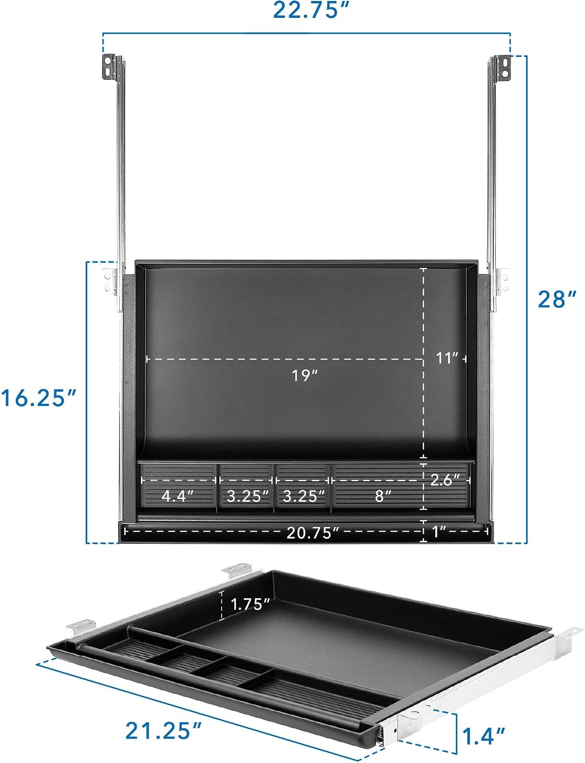 MOUNT-IT! Large Under Desk Pencil Drawer 16 inch Deep | 21.25” W, Ball Bearing Slide-Out Organizer for Office Supplies, Paper & Pencils | Fits Desks Over 1” Thick, Adjustable Extension 16.25”–28” - Field & Nook