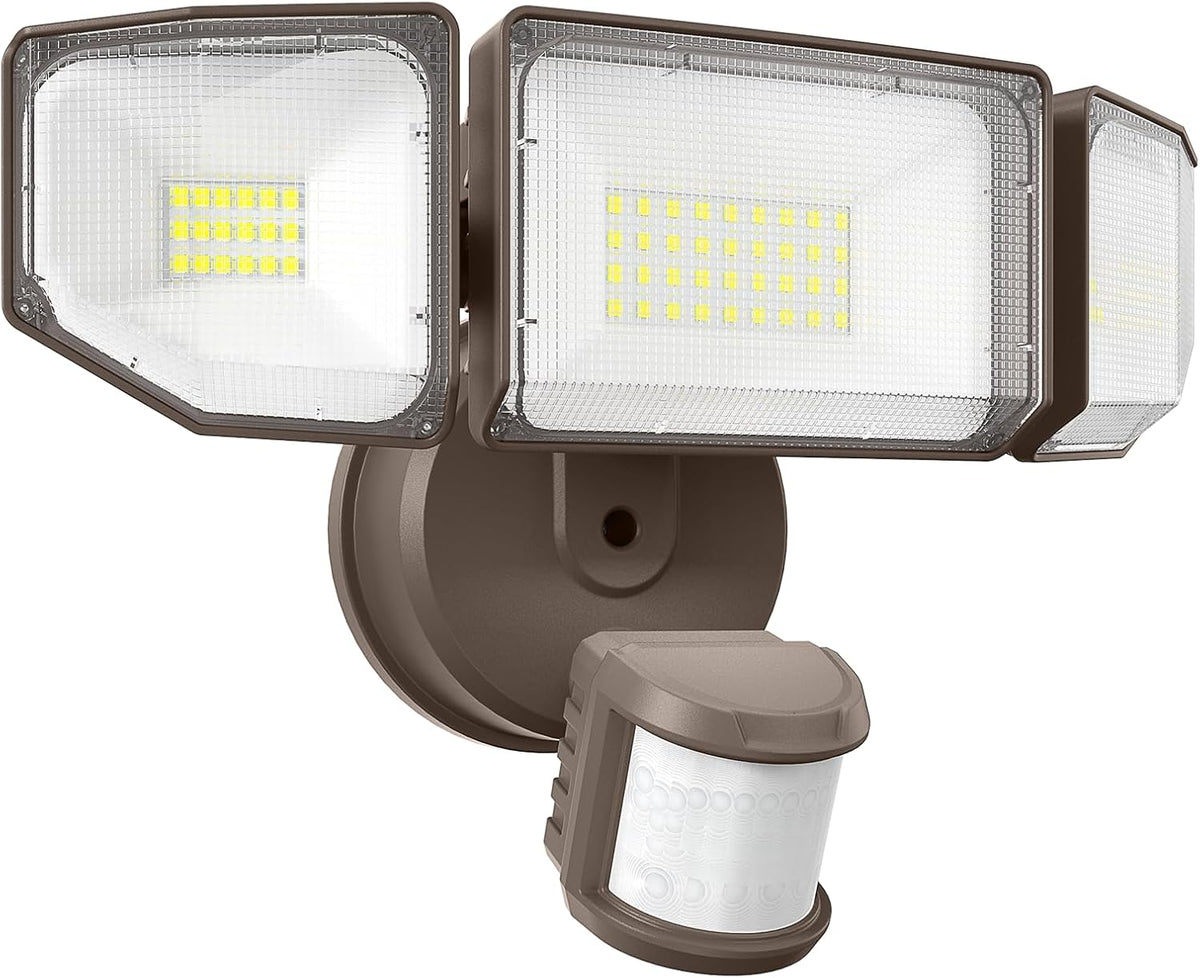 85W LED Security Lights Motion Sensor Light Outdoor, 8500LM Dusk to Dawn, IP65 Waterproof, 6500K, 3 Head Motion Detected Flood Light, Floodlight for Outside, Garage, Yard, Porch (Brown)