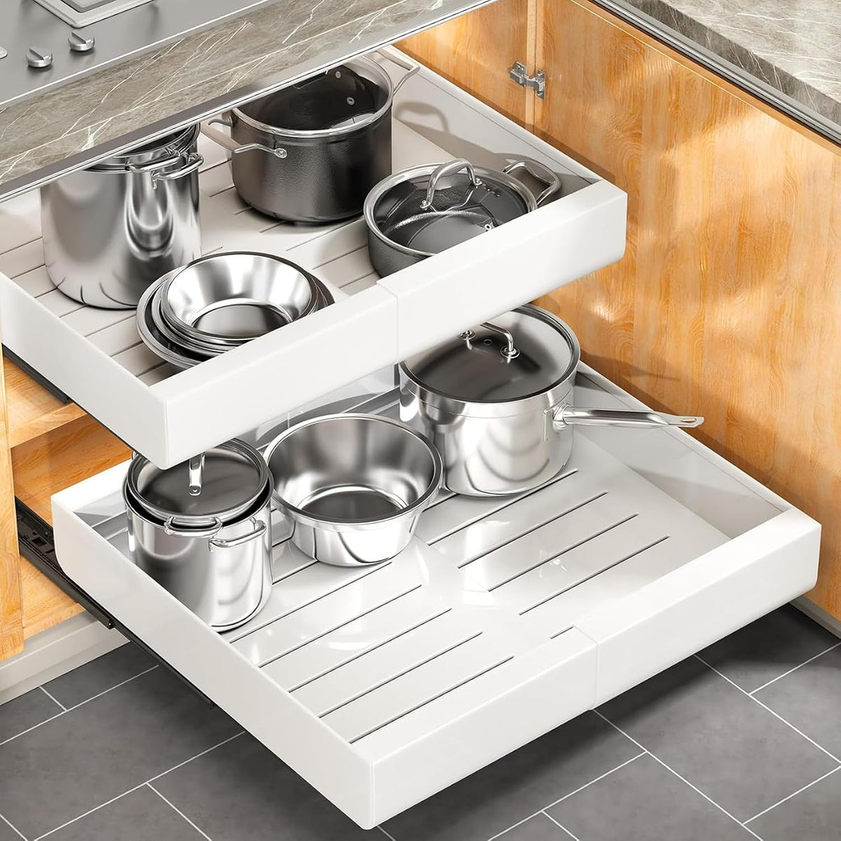 Pull out Cabinet Organizer, Expandable(12"-20") Heavy Duty Slide out Drawers Fixed with Adhesive Nano Film for Pots, Roll out Shelf Storage for Kitchen Base Cabinet, Pantry, Bathroom Cupboard - Field & Nook