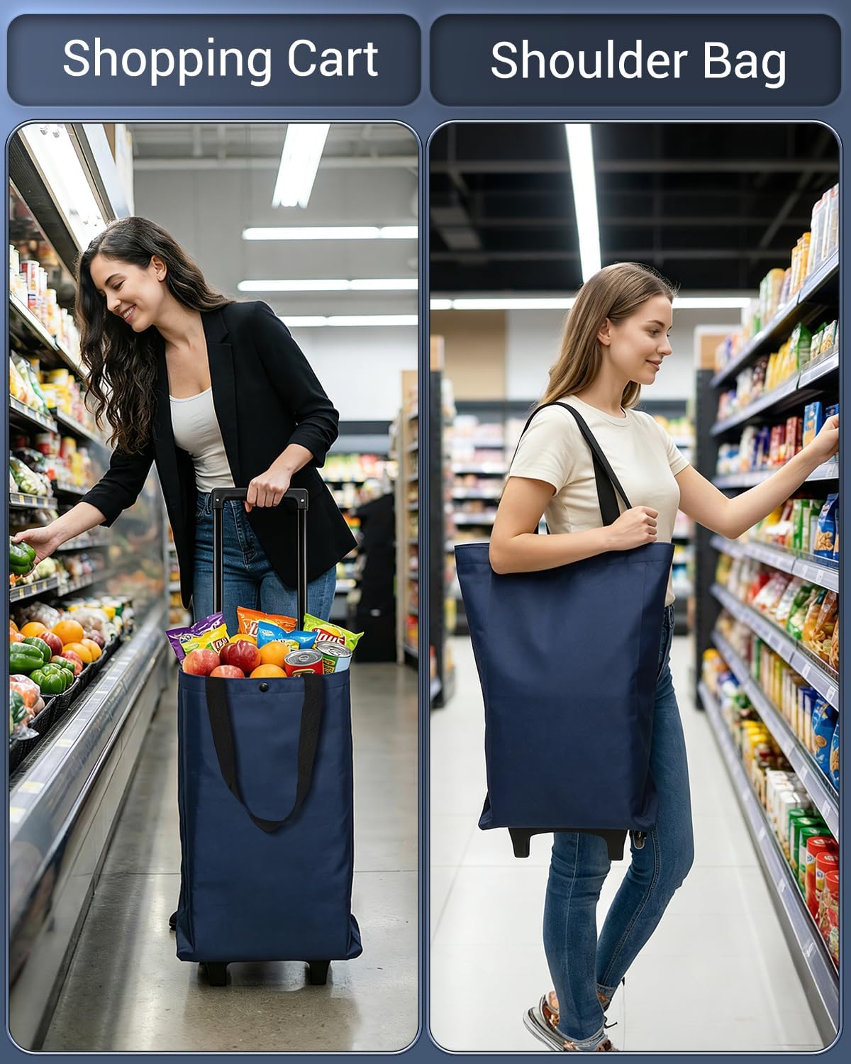 Rolling Shopping Bag, Small Shopping Cart with Wheels,Collapsible Portable Waterproof Tote for Market & Grocery Runs–Gift for Women & Seniors(Blue) - Field & Nook