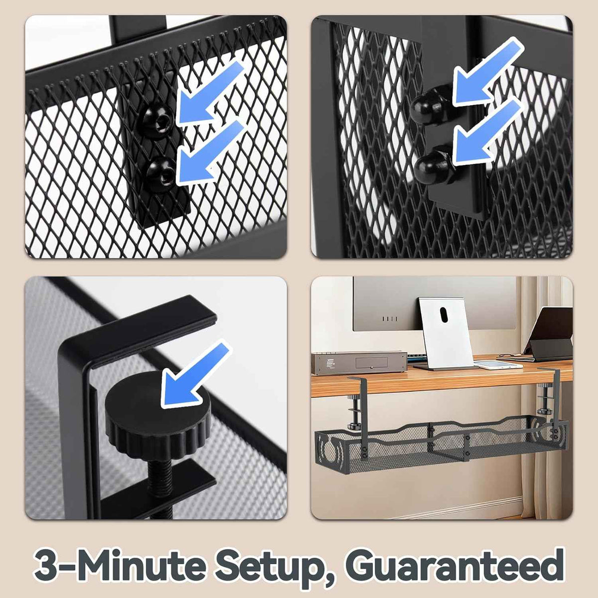 25.3-Inch Under-Desk Cable Tray – No-Drill Clamp-On Metal Cord Organizer, Black