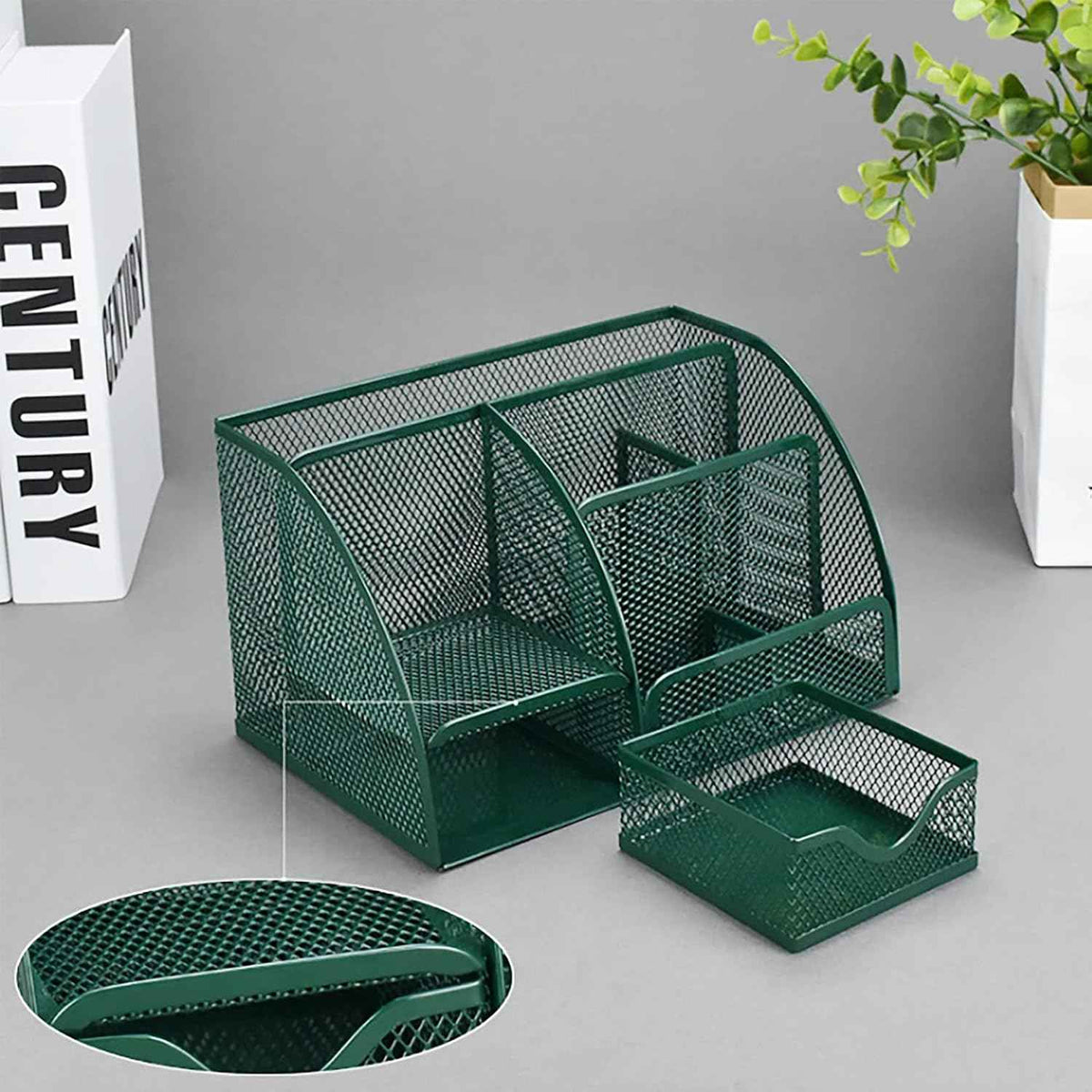 VANRA Office Supply Caddy Metal Mesh Desktop Supplies Organizer School Supply Holder Stuff Storage Organizer 6 Compartments with Drawer (Olive Green)