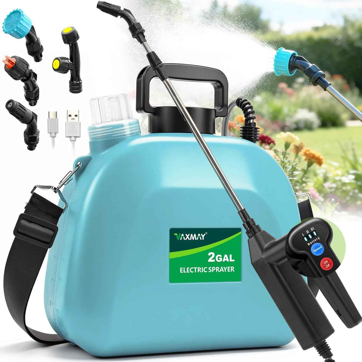 VAXMAY Battery Powered Sprayer 2 Gallon, Upgrade Electric Garden Sprayer with 3 Adjustable Speed, Battery Indicator, 4 Mist Nozzles, Rechargeable Handle, Retractable Wand, Shoulder Strap for Weed Lawn