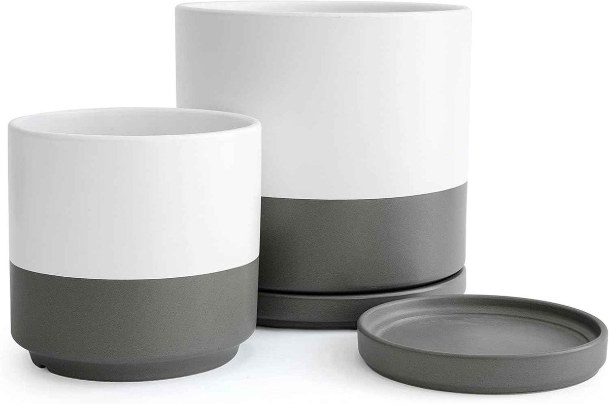 D'vine Dev 6 Inch & 8 Inch Ceramic Planter Pots for Plants with Drainage Hole and Saucer, Medium Plant Pots Set, White/Speckled Grey, 94-G-M-6