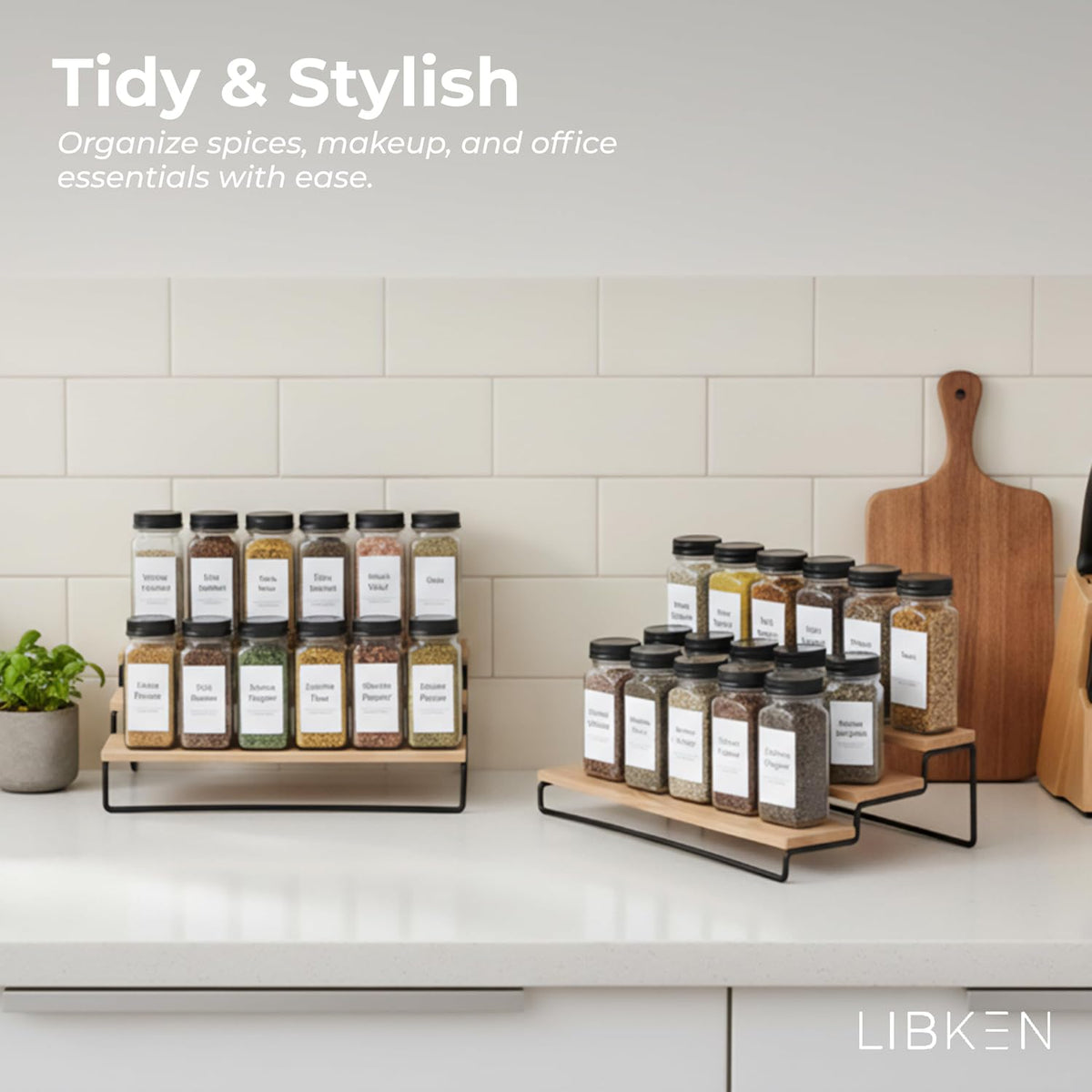 Tiered Spice Rack Organizer – Wood & Metal Countertop & Cabinet Spice Stand, Strong & Sturdy 3-Tier Shelf for Kitchen, Pantry, Seasoning Bottles – Minimal Scandinavian Design - Wood Brown - Field & Nook