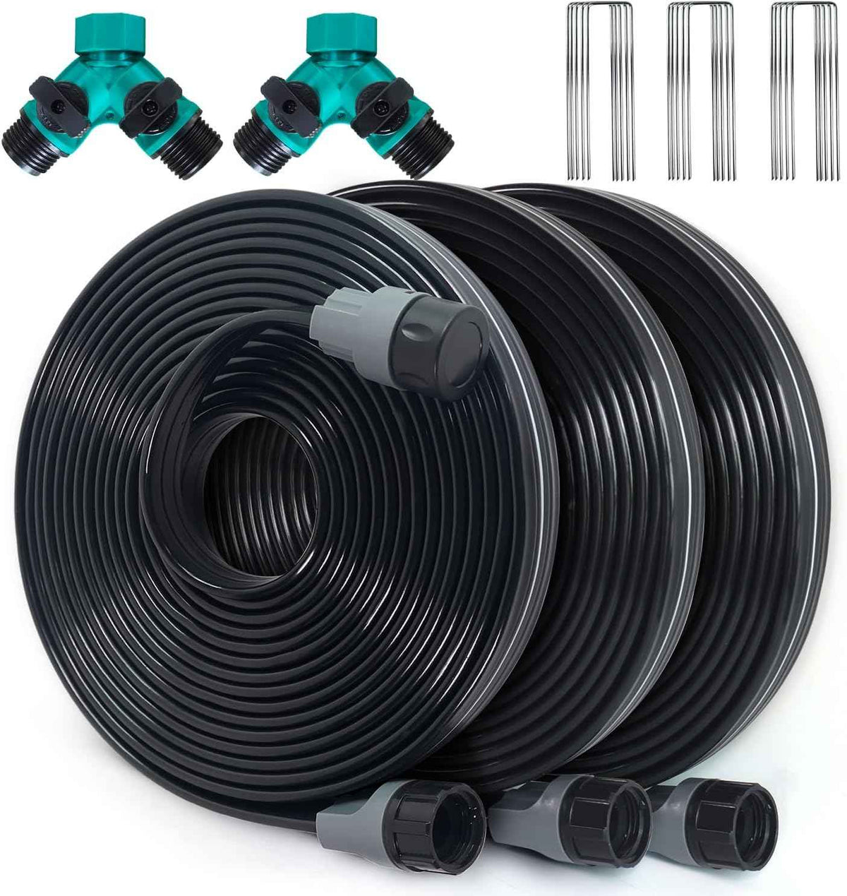 Sprinkler Hose with Holes 75 Ft (25 ft 3pack), Flat Soaker Hose 75 ft with Garden Staples and Splitters, Drip Line Irrigation Hoses for Lawn, Vegetable Watering Hose (75 ft)