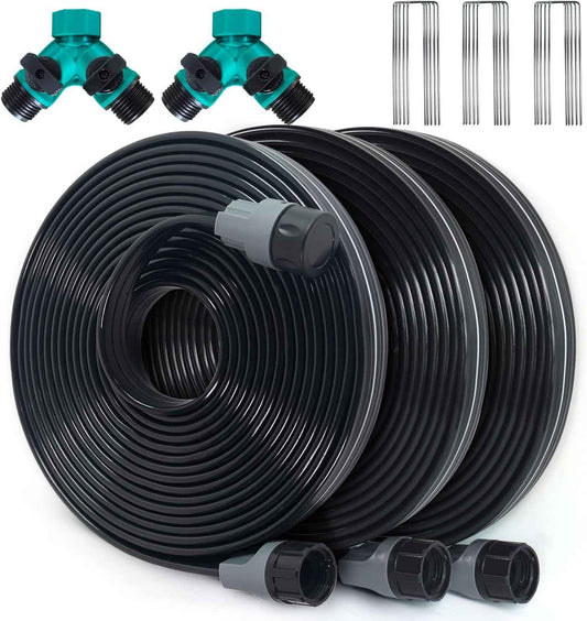 Sprinkler Hose with Holes 75 Ft (25 ft 3pack), Flat Soaker Hose 75 ft with Garden Staples and Splitters, Drip Line Irrigation Hoses for Lawn, Vegetable Watering Hose (75 ft)