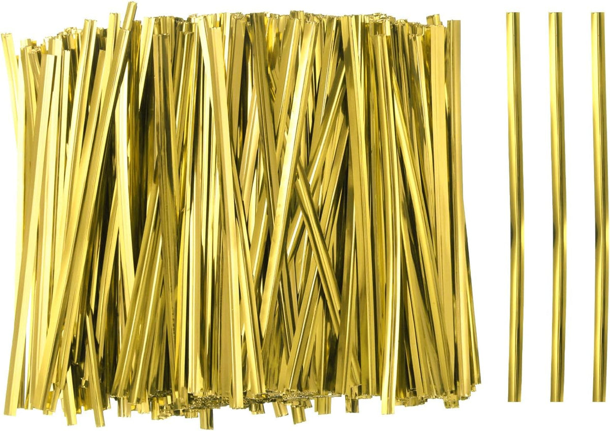 HARFINGTON 800pcs Bag Twist Ties 4" Reusable Plastic Metallic Twist Ties Wire Cable Ties for Party Bread Candy Cake, Gold Tone