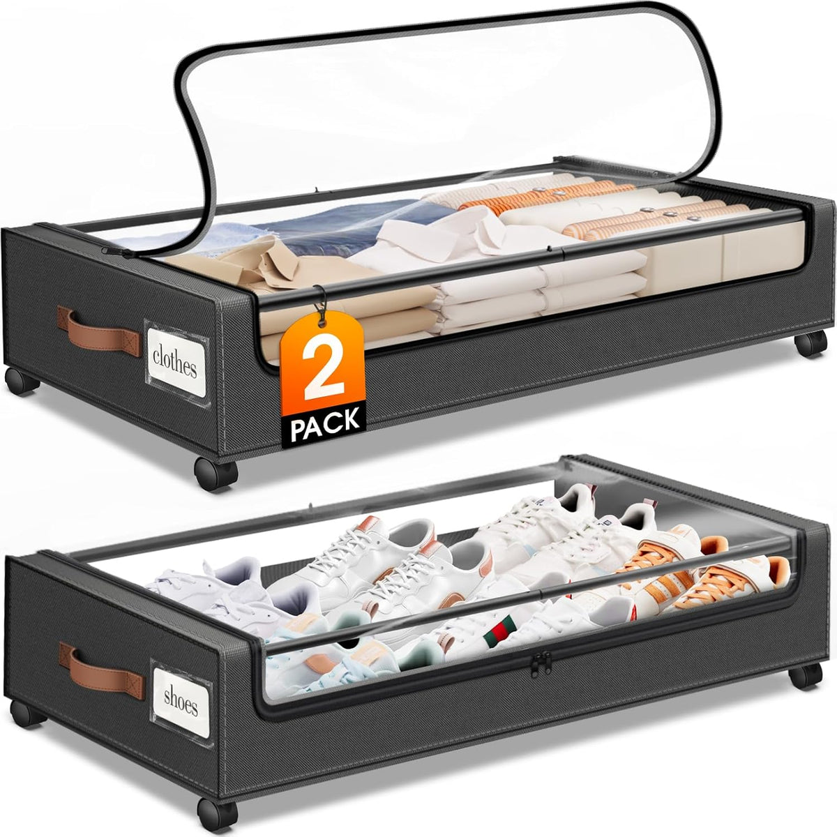 SpaceHacks Under Bed Storage with Wheels 2Pack Storage Containers with Clear Window&Label Under Bed Drawers Rolling Under Bed Storage for Clothes,Shoes, Blankets (30.71 x 16.93 x 6.69 in, Dark Grey) - Field & Nook