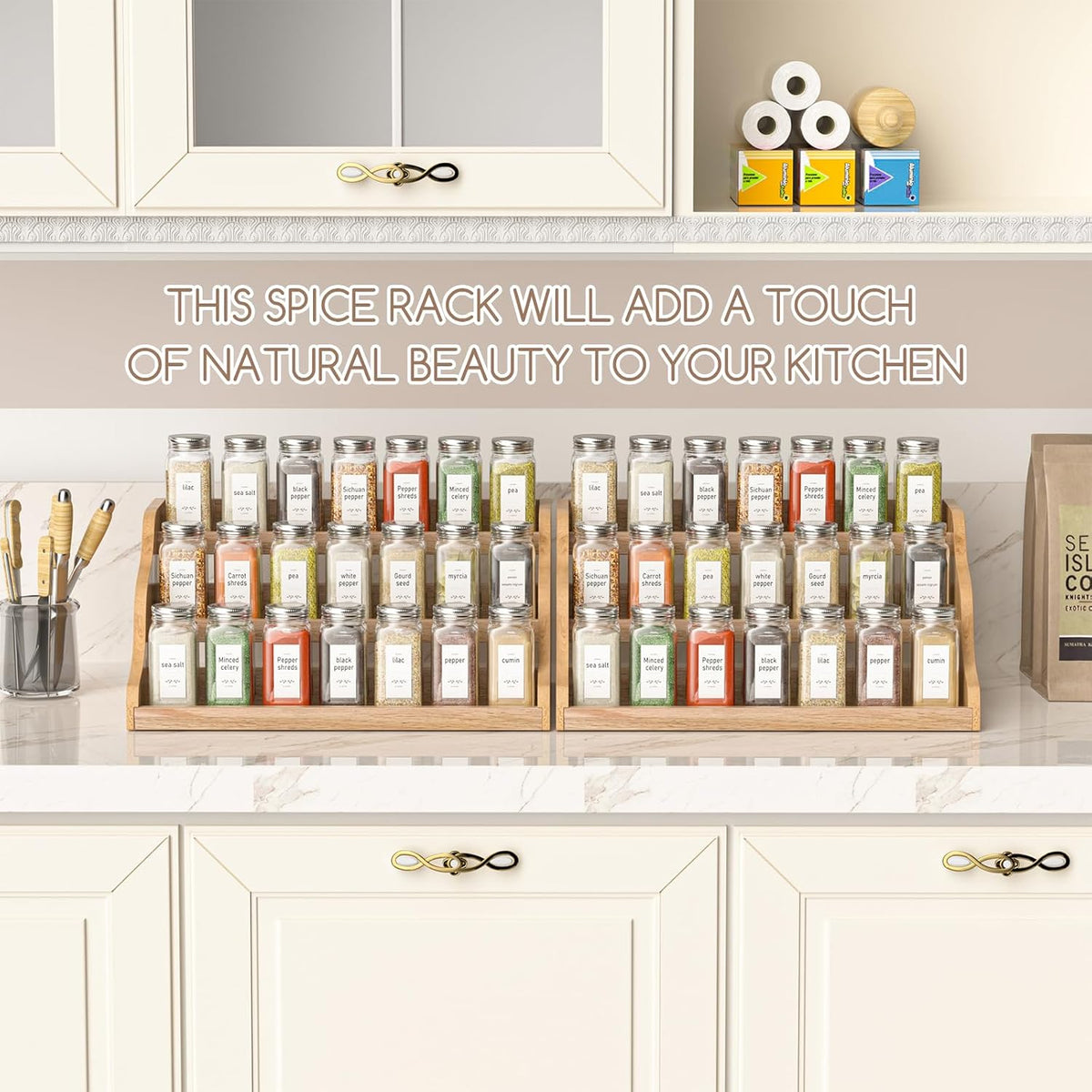 Tiered Spice Rack Organizer for Cabinet, Wooden Spice Rack for Countertop, Spice Shelf organizer Spice Organization for Cabinet - Field & Nook