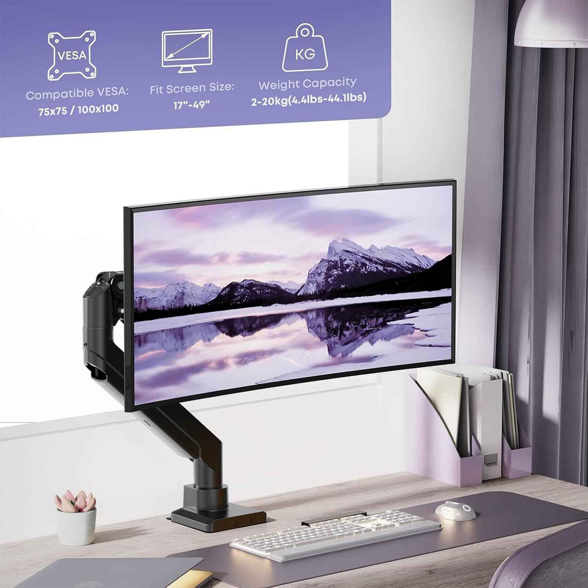 Heavy Duty Monitor Arm for Ultrawide Screens up to 49 inch and 39.6lbs, Premium Aluminum Single Desk Mount Stand with Gas Spring, VESA 75x75/100x100