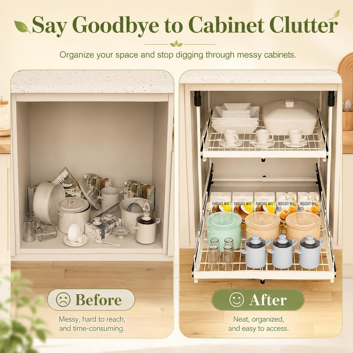 Expandable 2-Tier Pull-Out Cabinet Organizer, 13"-21" W, White