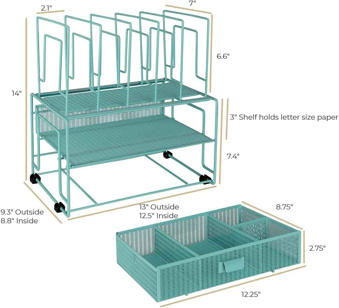 BLU MONACO Mint Green Desk Organizer With File Sorters and Drawer | Metal Mesh Desktop Storage for Office Supplies, Papers, Devices and Folders | 9.3”D x 12.5”W x 14”H All-In-One Workspace Holder