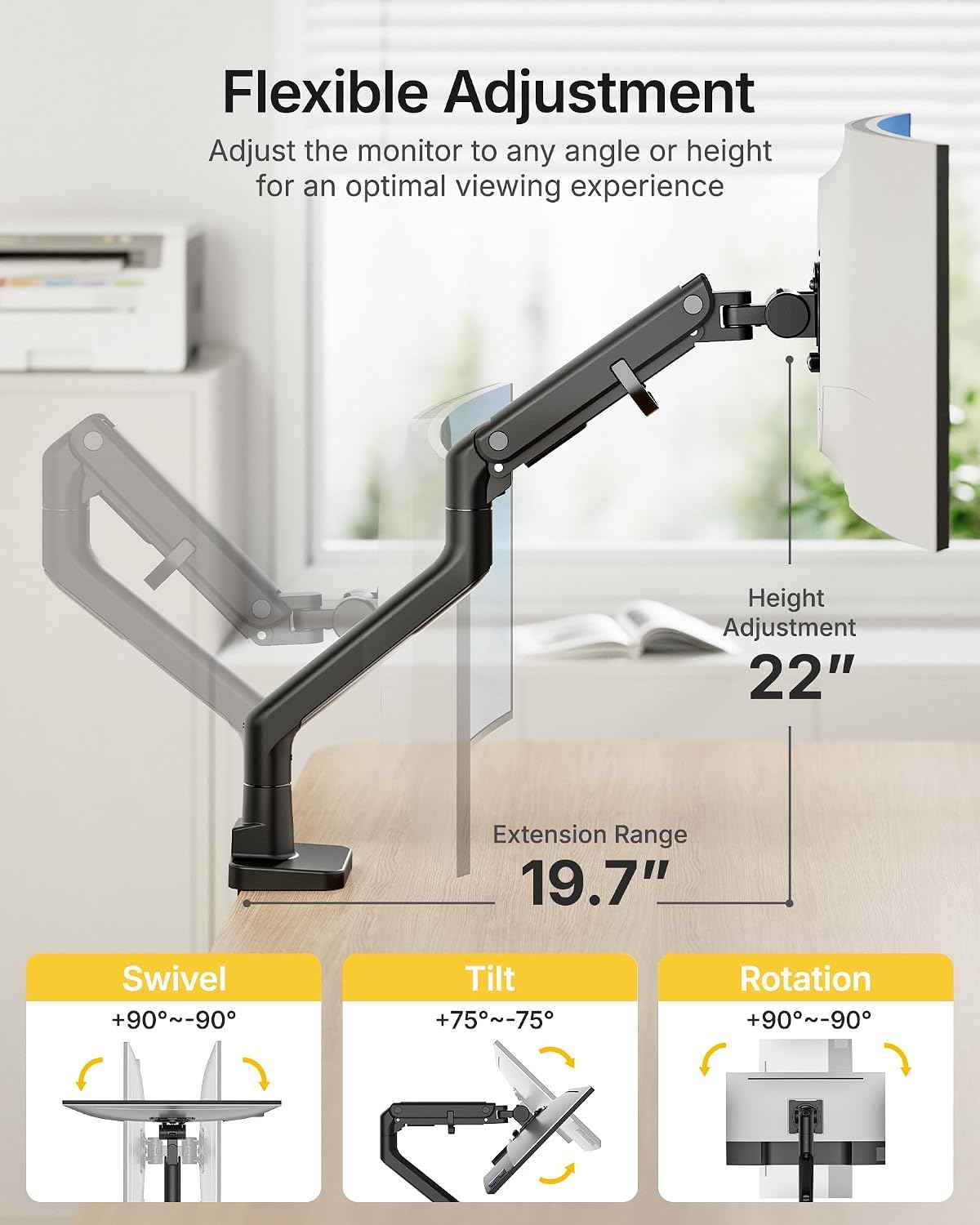 monTEK Heavy Duty Monitor Arm, 17-57" Ultrawide, Gas Spring, 59.4 lbs，Black | Desk Monitor Mount Holds 49" 57" Ultrawide Curved Screen Up to 59.4 lbs with No Sag,Clamp & Grommet Arm,75/100 VESA