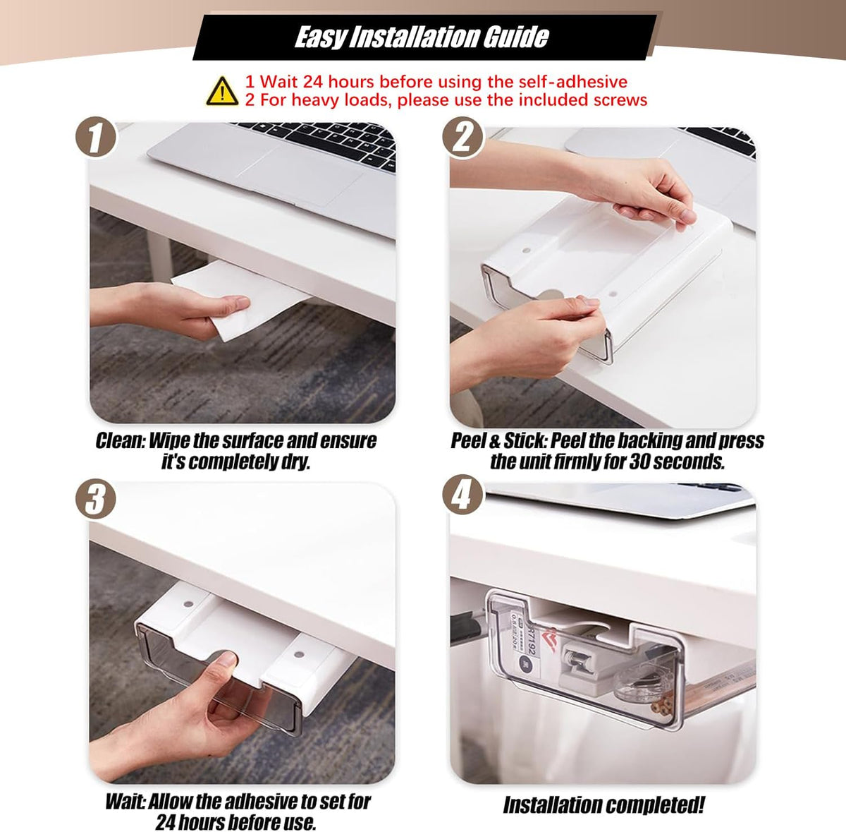 2 Pack Under Desk Storage Drawers Slide Out-Drill-On or Self-Adhesive,Large&Medium Drawer Under Desk Organizer Under Table Drawer for Home Office School Organization and Storage - Field & Nook