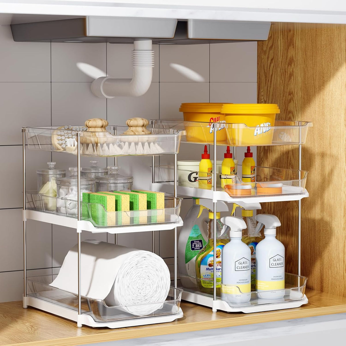 Delamu 2 Sets of 3-Tier Bathroom Under Sink Organizers and Storage, Multi-Purpose Stackable Pantry Organization and Storage, Pull Out Clear Kitchen Bathroom Cabinet Organizer with Movable Dividers | Storage - Field & Nook