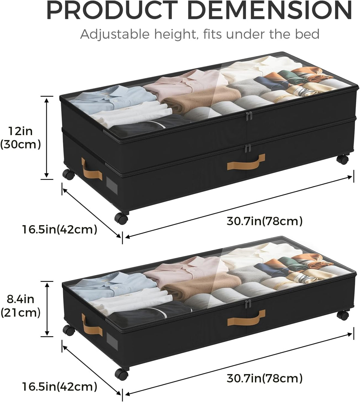 75L 2 Pack Adjustable Under Bed Storage with Wheels | Underbed containers with clear lids, rolling under bed shoe storage organizer for dorm home clothes, blankets, shoes, black - Field & Nook