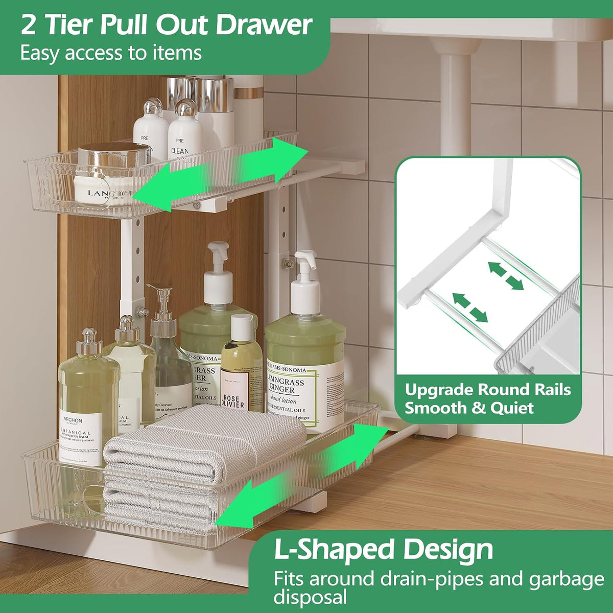 ADRIMER Under Sink Organizer 2 Packs, Pull Out Kitchen Sink Organizer, 2 Tier Slide Out Kitchen Organizers and Storage Bathroom Under Cabinet Storage Shelf, Transparent & White - Field & Nook