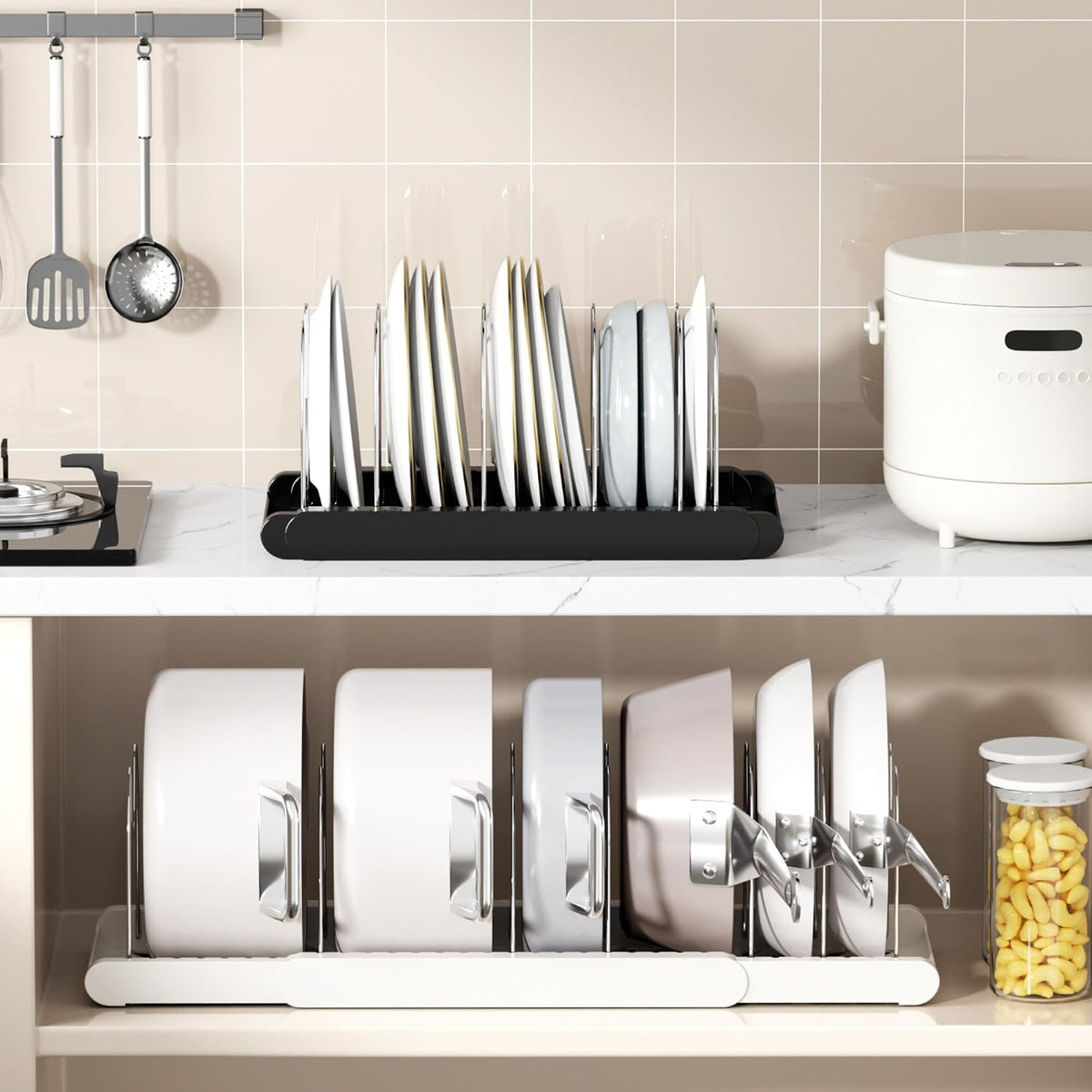 Expandable Pots and Pans Organizer, 9 Adjustable Slots, White