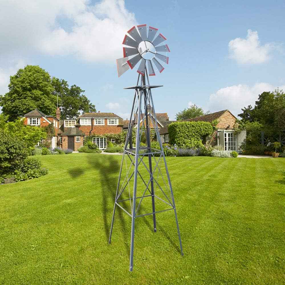 Garden Windmill for Yard Decor, 8 ft Tall Metal Windmill with Spinning Blades, Weather-Resistant Outdoor Windmill for Lawn, Farmhouse, Rustic & Farm Decor, Grey