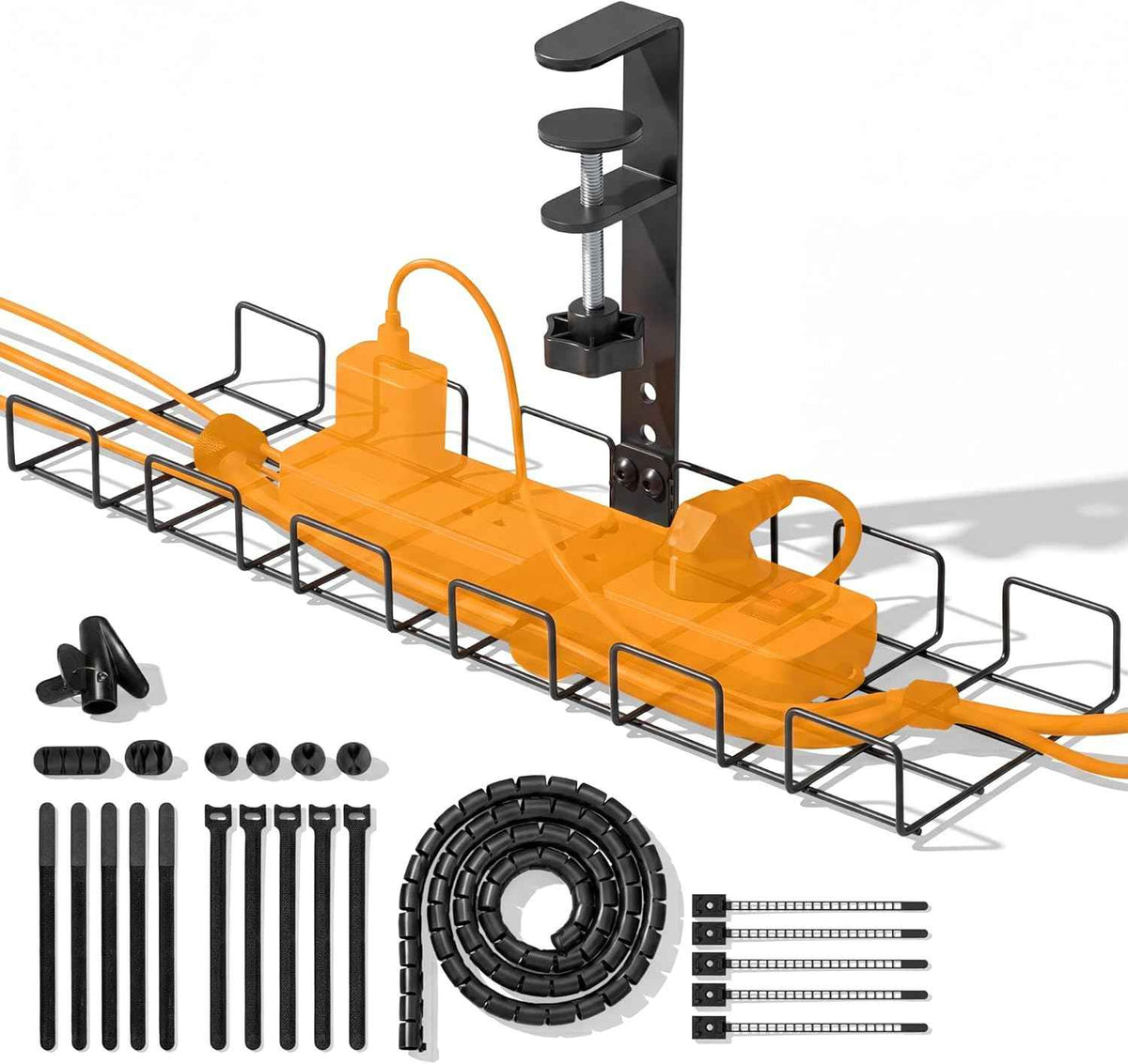 Clamp-On Under-Desk Cable Management Kit – Metal Tray with Sleeve, Clips and Ties, Black
