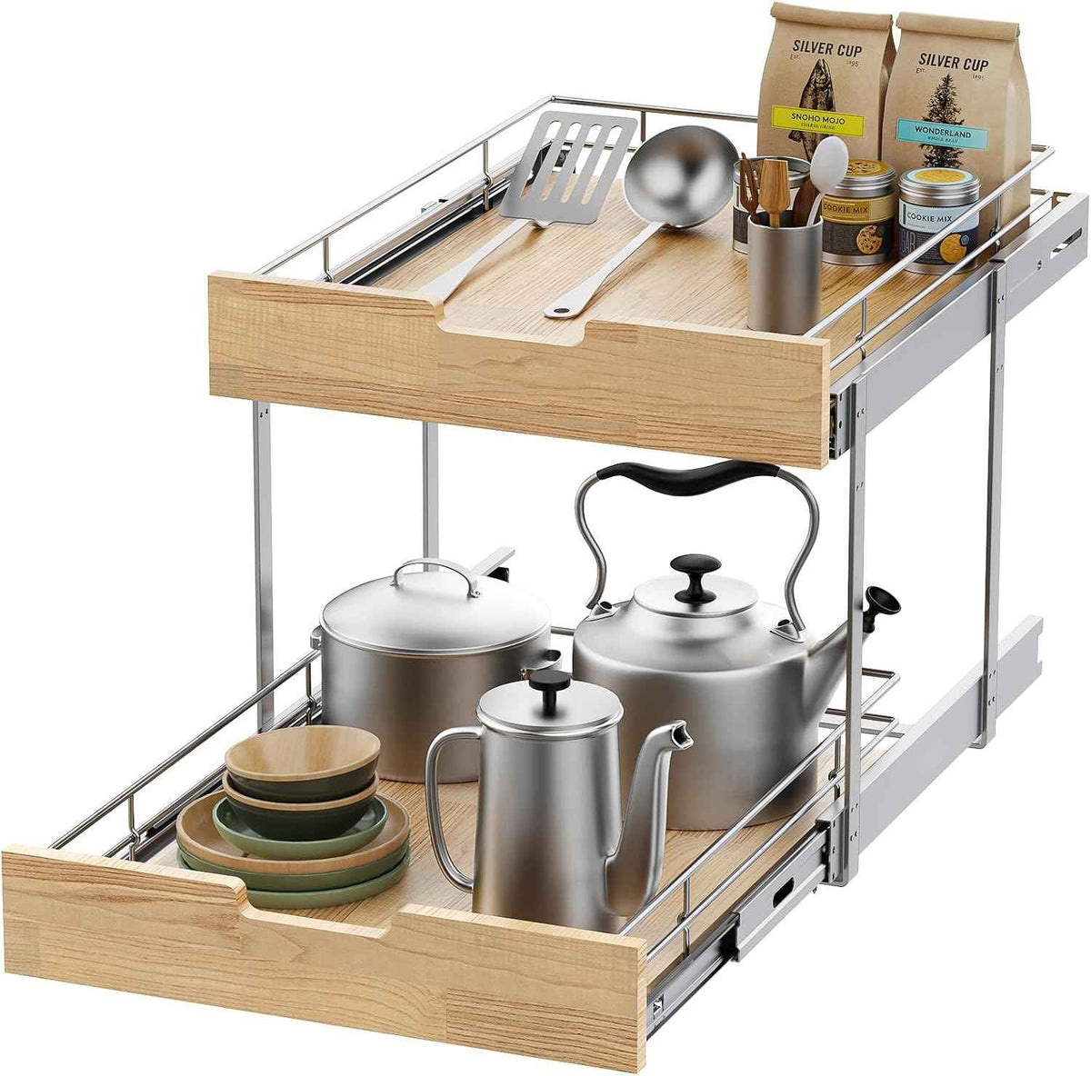Sikarou Pull Out Cabinet Organizer,Heavy-Duty Slide Out Shelf, Wood