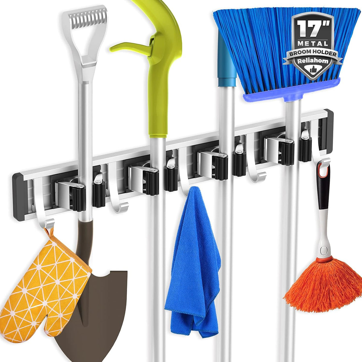 Broom Holder Wall Mount Mop Hanger Tools organizer 4Racks 5Hooks - Field & Nook