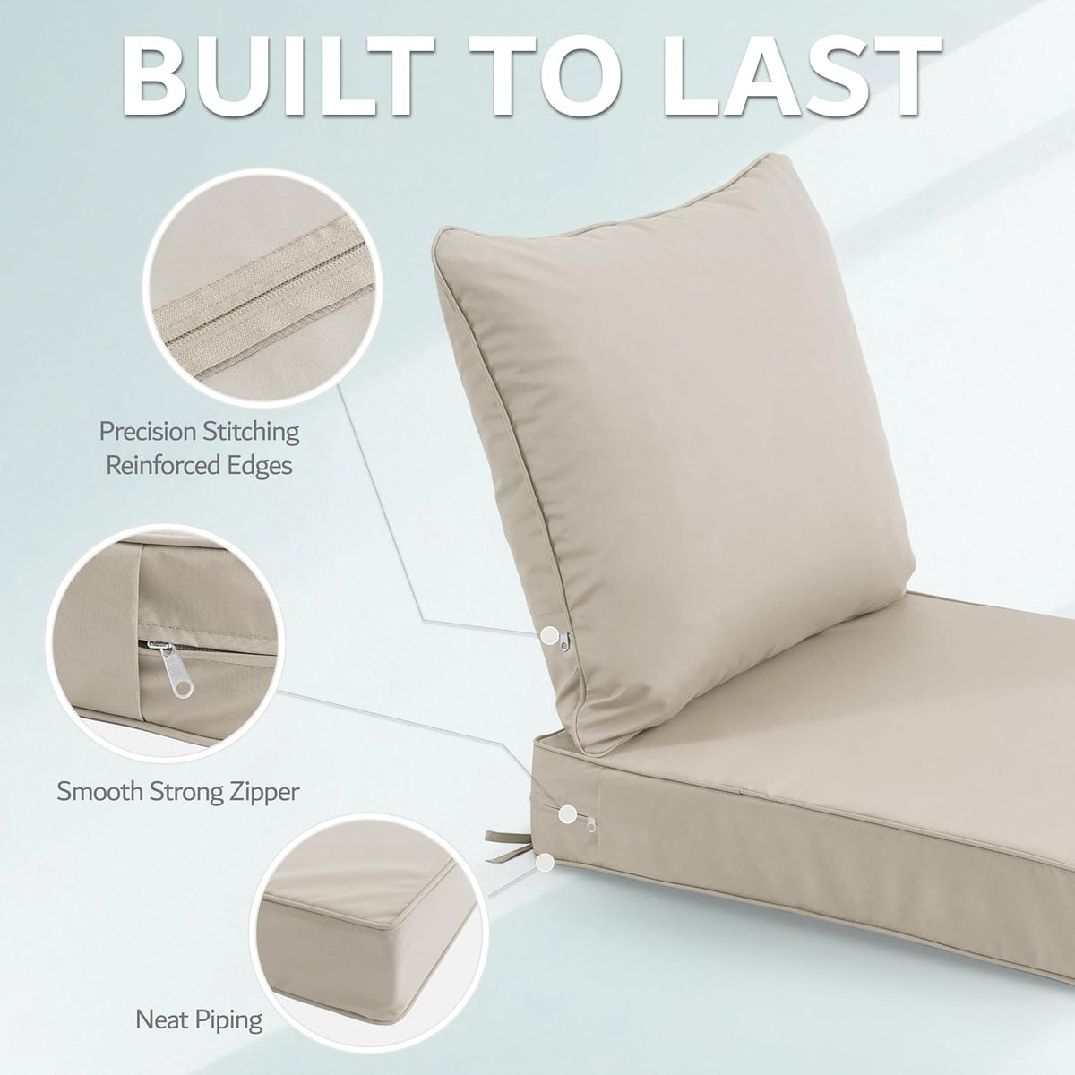 22x22 Inch Patio Chair Cushions Set of 2, Outdoor Furniture Cushions - Removable Cover, Water-Repellent, Fade-Resistant, Non-Slip Bottom & Straps, Replacement for Lawn, Porch & Deck Chair - Cream