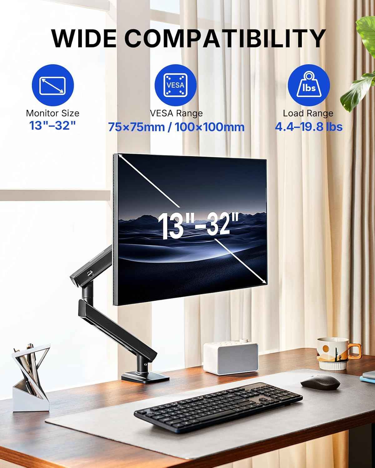 HUANUO FlowLift™ Pro Monitor Arm for 13–32" Screens, MechaSpring Monitor Mount, Fully-Adjustable Monitor Stand with Tilt/Swivel/Rotation, Tool-Free VESA Mount, C-Clamp/Grommet Base, Max Load 19.8 lbs