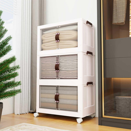 Luxdecor 185Qt Storage Bins With Lids-Stackable Plastic Storage Bins on Wheels, Closet Organizers and Storage,Collapsible Storage Cabinet with Doors for Home Office Garage Under Stairs,3 Tier White - Field & Nook