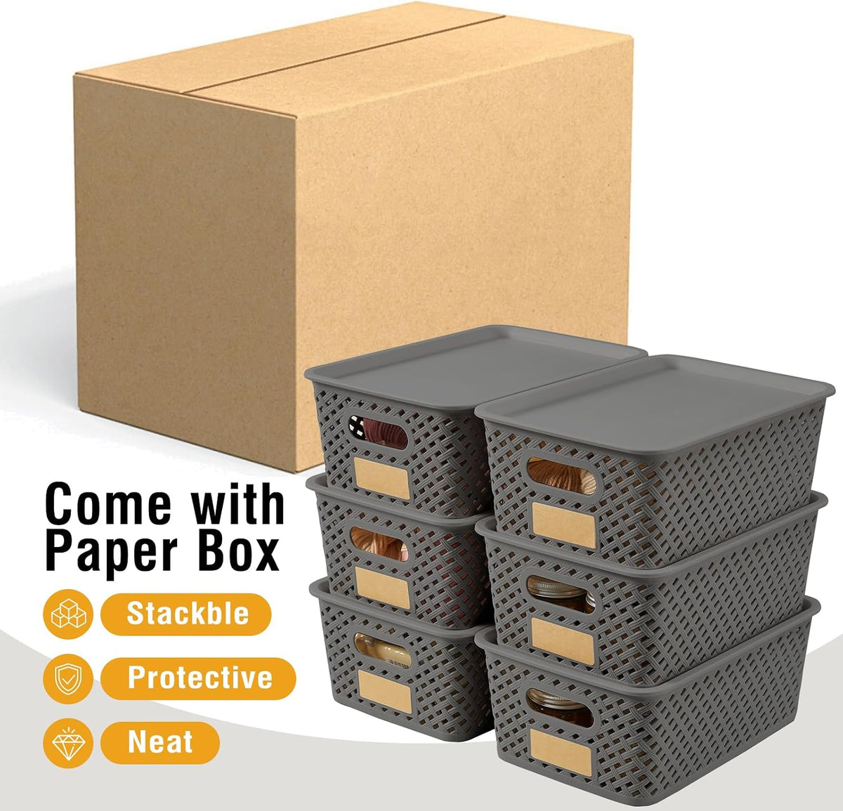 Small Plastic Twill Woven Storage Baskets with Lids, Stackable Organizing Containers with Labels for Pantry Closet Office, 6-Pack,10.35"x7.3"x4.09", Gray - Field & Nook