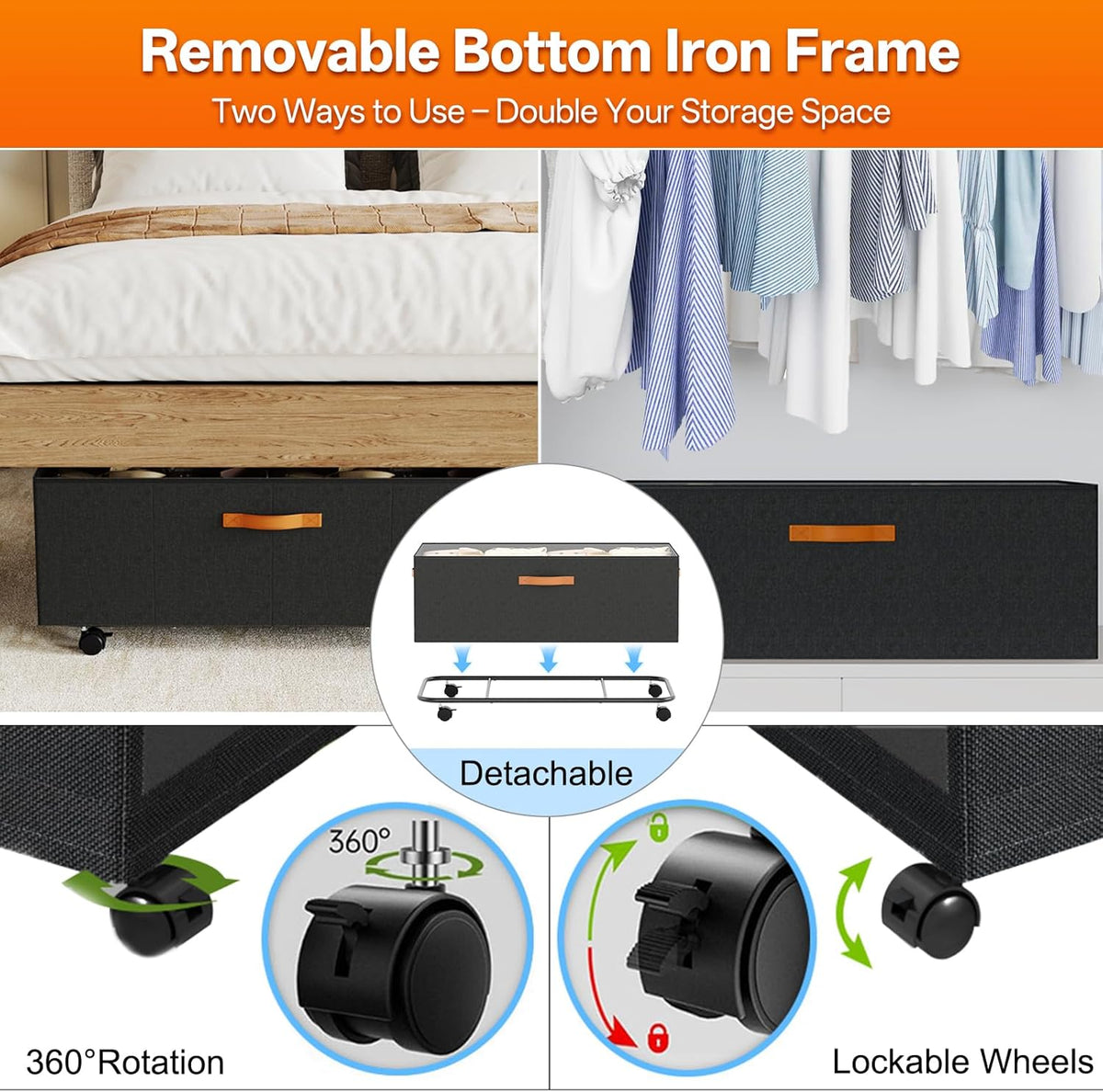 Under Bed Storage with Wheels, 12" Height Under Bed Storage Extra Deep Under Bed Storage Containers, Perfect for 14'' Bed Frame, No Assemble Metal Rolling Underbed Storage for Clothes Shoes Blankets - Field & Nook