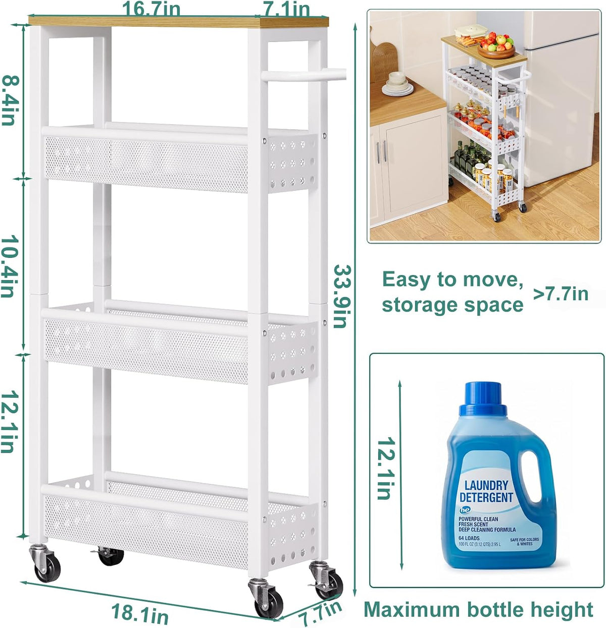 Utility Slim Rolling Cart with Table Top – Small Detergent Organizer Cabinet - Field & Nook