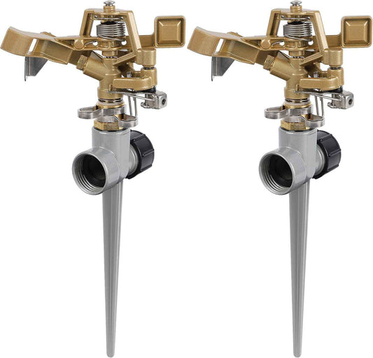 Biswing 2 Pack Impact Sprinklers with Stand (Spike), Heavy Duty Zinc Alloy Lawn Sprinkler Head on Spike Base, Adjustable Watering Sprinkler for Large Area Grass Yards Patio Garden Irrigation