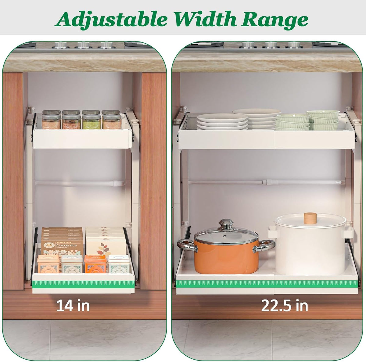 2 Tier Pull Out Cabinet Organizer, 21 inch Depth Slide Out Shelves