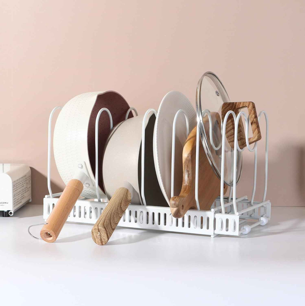 Expandable Pots and Pans Organizer Rack, 7 Compartments, White