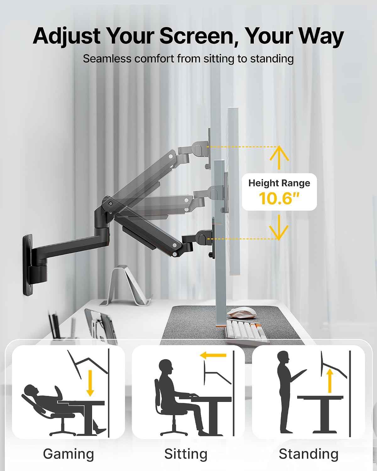 monTEK Single Monitor Wall Mount, 17–49" Gas Spring Arm, Up to 44 lbs，Black | Fits 49" Max Ultrawide & Curved Monitors,Rock-Solid Gas Spring Wall Mount, Full Motion Adjustment, 75/100mm VESA Compatible