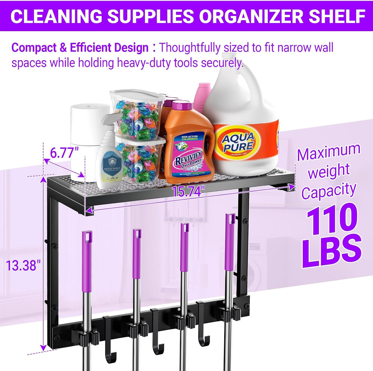 Heavy Duty Broom Holder Wall Mount – All-Metal Mop Rack with Storage Shelves - Field & Nook