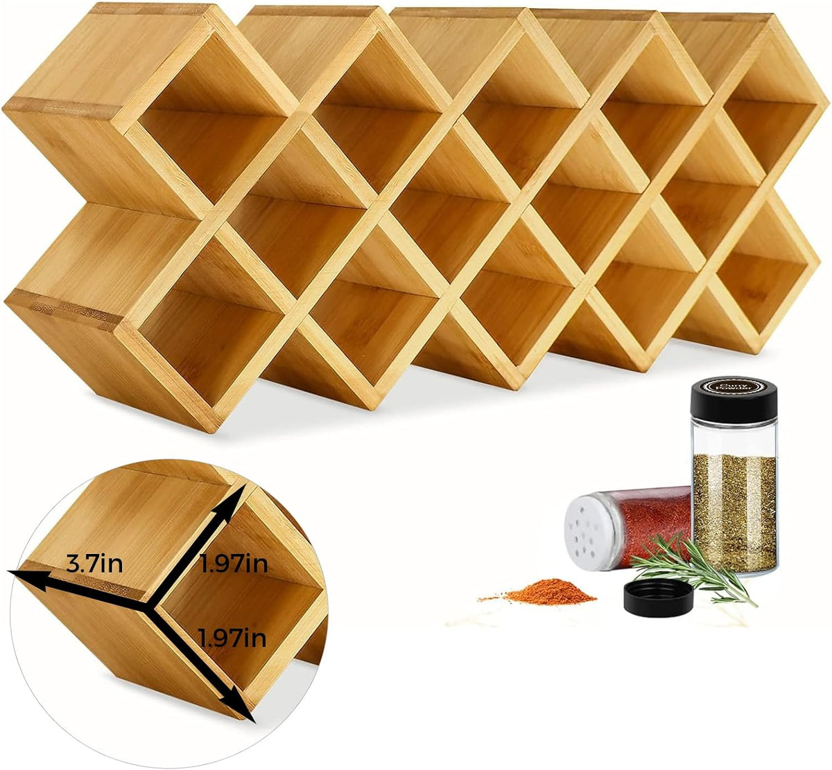 Bamboo Criss Cross Spice Rack Organizer for Cabinet, Wood Seasoning Rack Spice Holder, 18-Jar Spice Rack Tower Spice Storage for Kitchen Countertop Drawer-Jars Not Included - Field & Nook