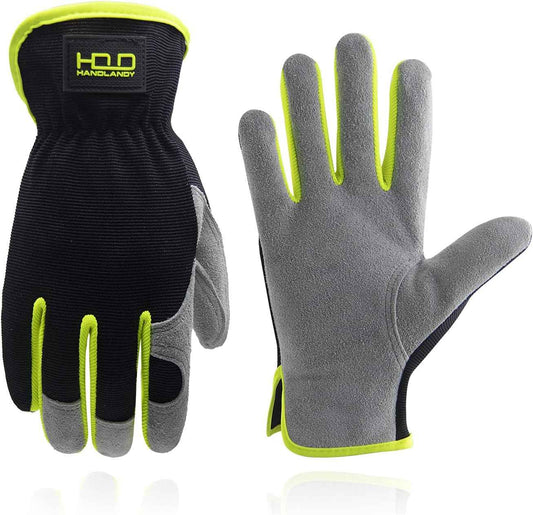 HANDLANDY Leather Work Gloves for Men & Women, Reinforced Durable Garden Gloves, Cowhide Working Glove for Gardening