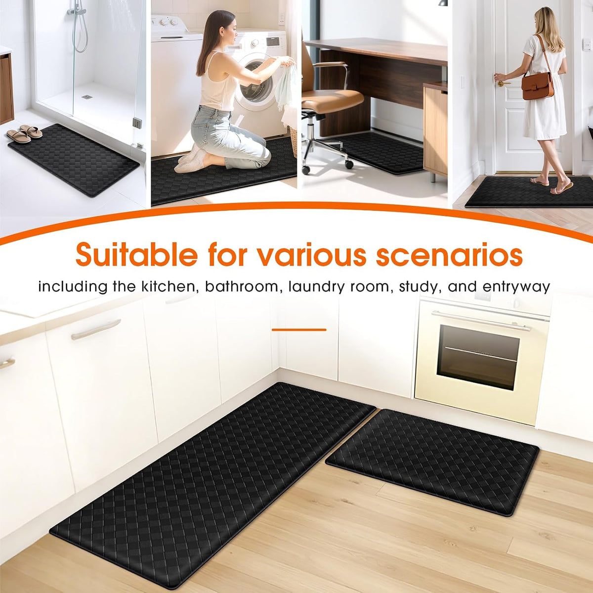 TranquilRelax 2-Piece Kitchen Mats, Cushioned Non-Slip Floor Mats, Black | Kitchen mats for floor, water-resistant anti fatigue mats for kitchen floor,laundry & entryway, 17.3 x 30 and 17.3 x 47 in
