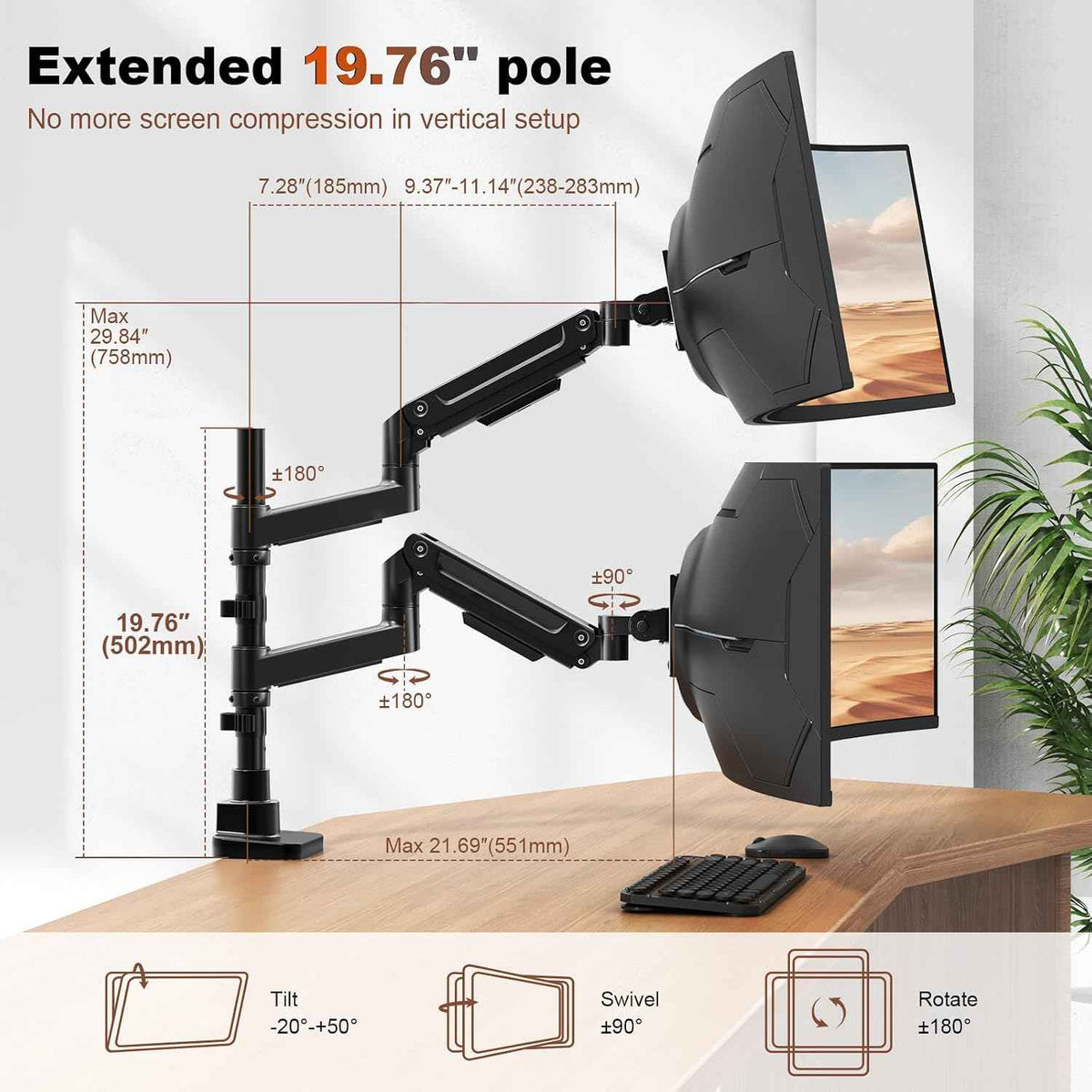 Dual Monitor-Arm Heavy-Duty for 17-49-inch Screens - Premium Vertical Stacked Dual Monitor Arm Desk Mount for Ultrawide Screens up to 44lbs, Fully Adjustability, VESA 75/100 mm, Black