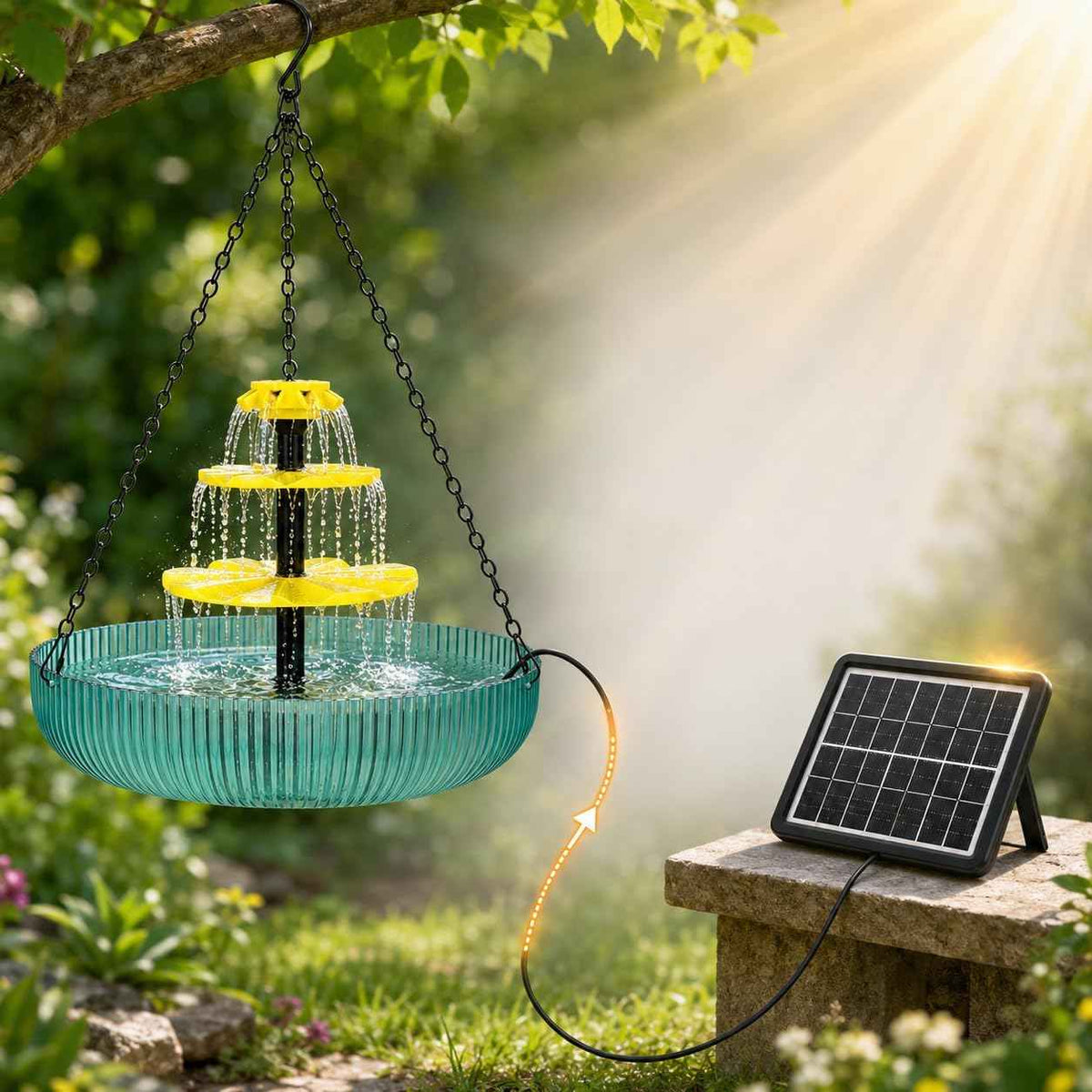 Solar Hanging Bird Bath Fountain with 3-Tier Cascading Waterfall, Outdoor Garden Water Feature with 16.4FT Cord, Bird Feeder & Relaxing Patio Decor for Hummingbirds and Wild Birds