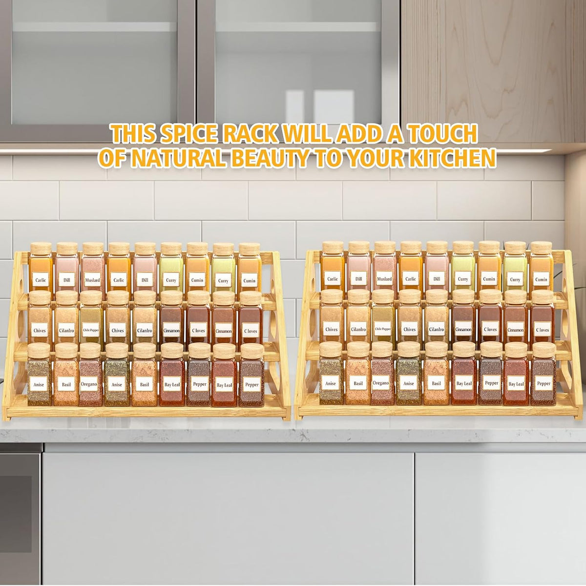 Premium Spice Rack - 3 Tier Bamboo Spice Rack Organizer - Spice Organization for Kitchen Cabinet/Countertop - Field & Nook