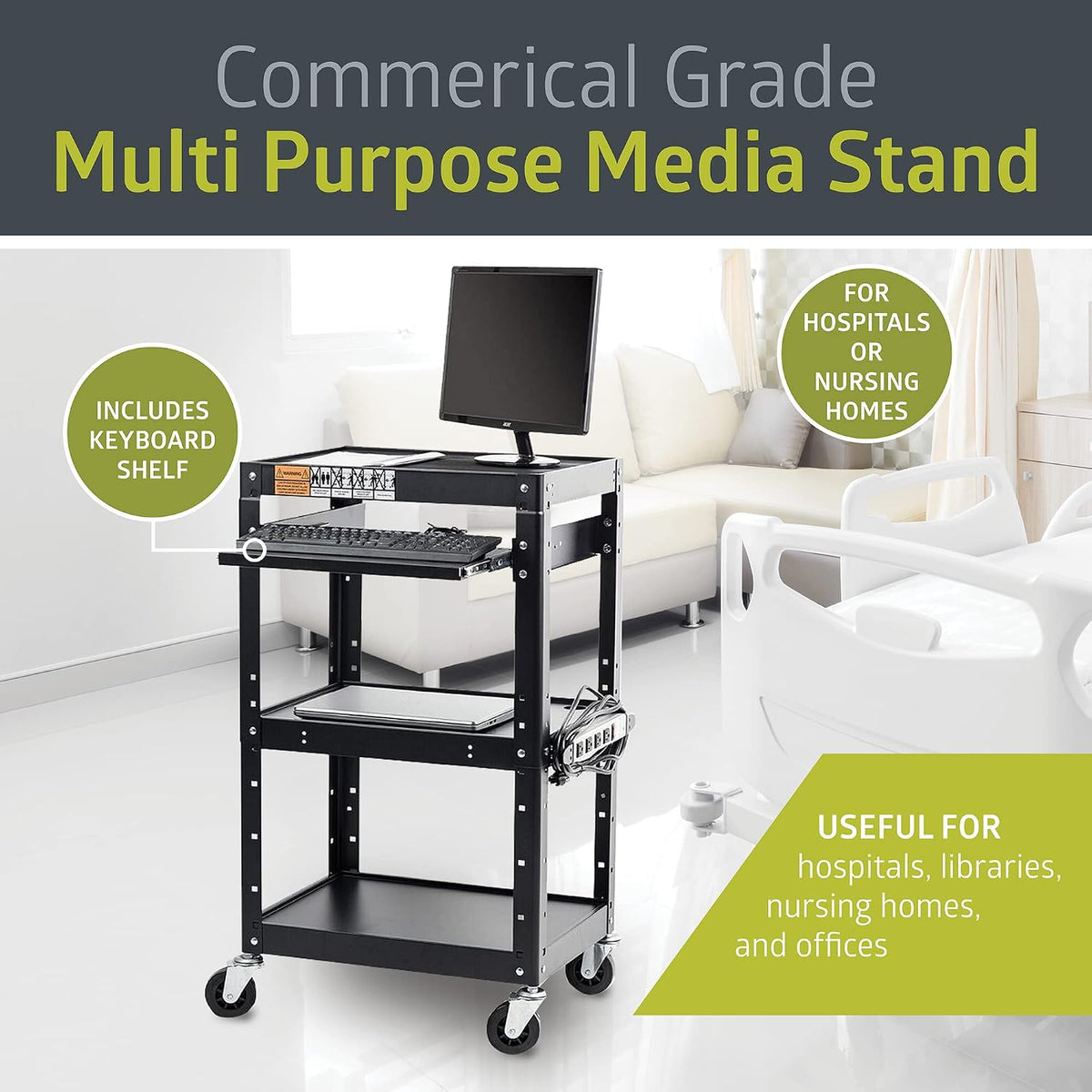 Pearington AV Presentation Cart Stand for Video Projector, TV, Laptop Computers, Printers, Metal Construction Rolling Storage Cart with Adjustable Shelves, 4 Wheels, 4 Outlets, 12ft Cord, Black - Field & Nook